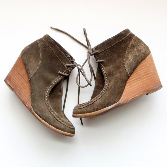 Lucky Brand Ysabel Military Green Lace-up Moc Toe Wedge Heel Ankle Boots Booties - Picture 15 of 16